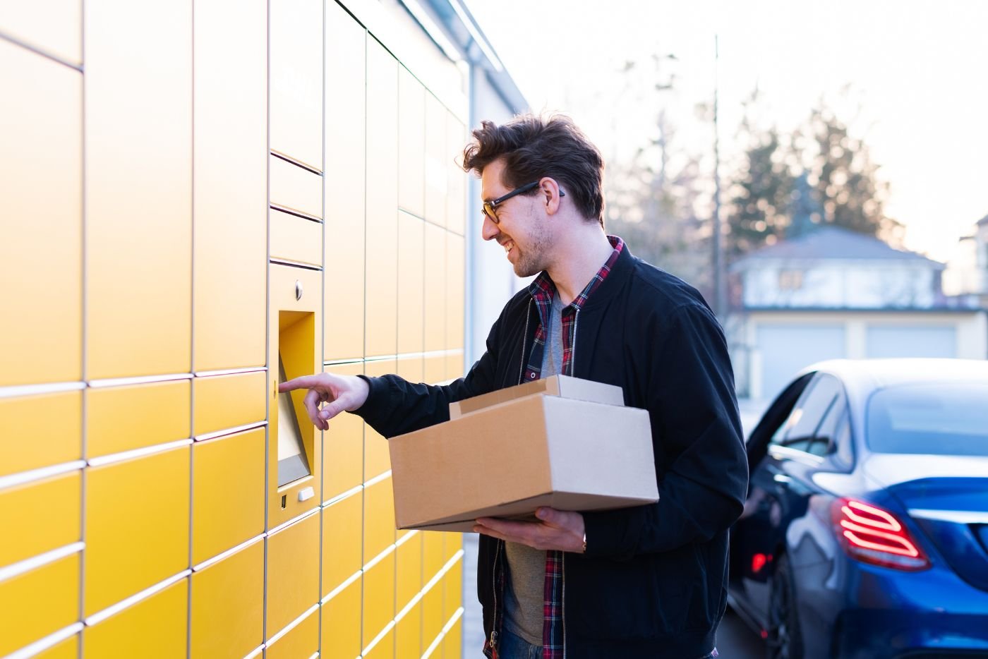 A man picking up packages at a pickup locker